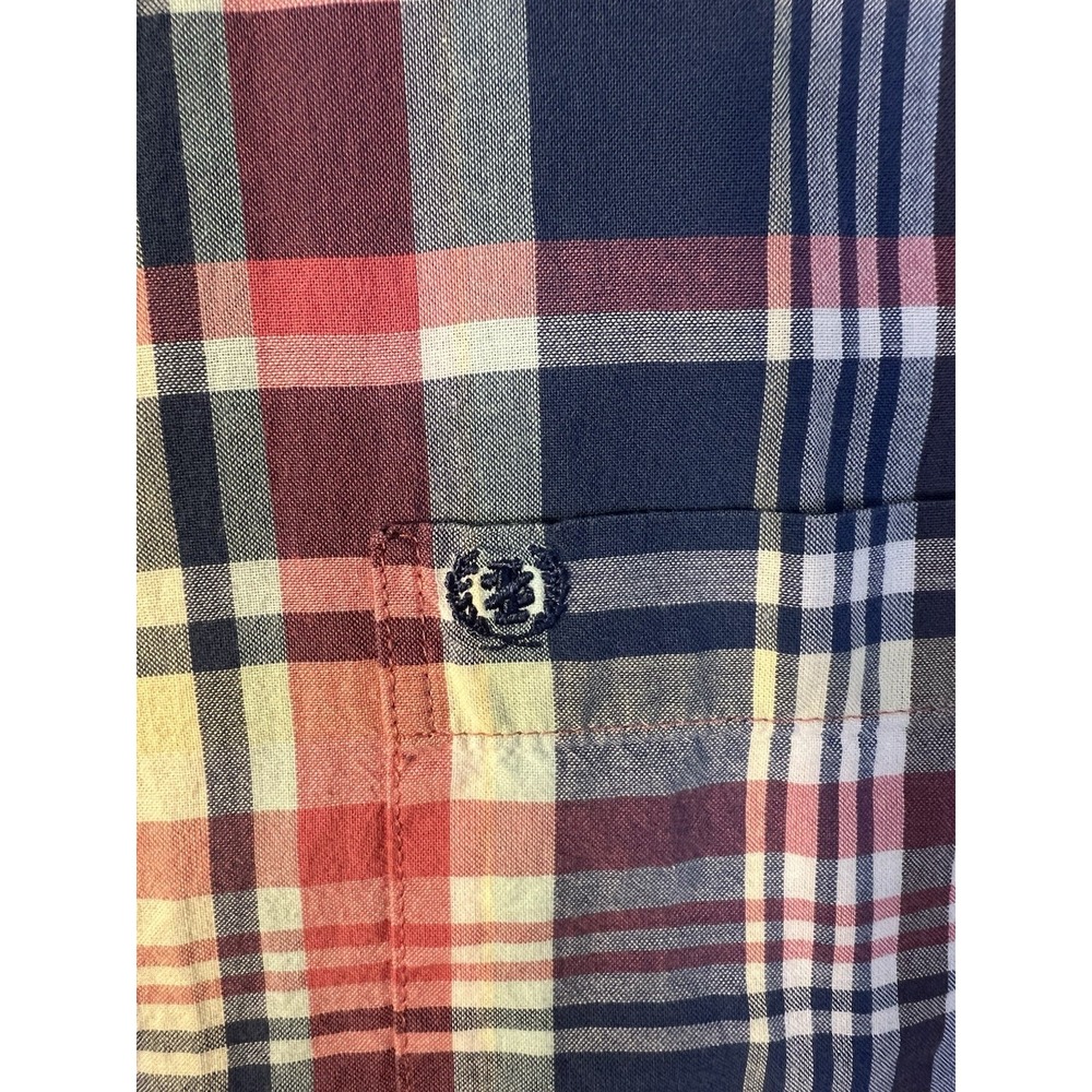 IZOD Mens Large Short Sleeve Plaid Button Down Shirt Multicolor Navy Red Yellow - Picture 4 of 9
